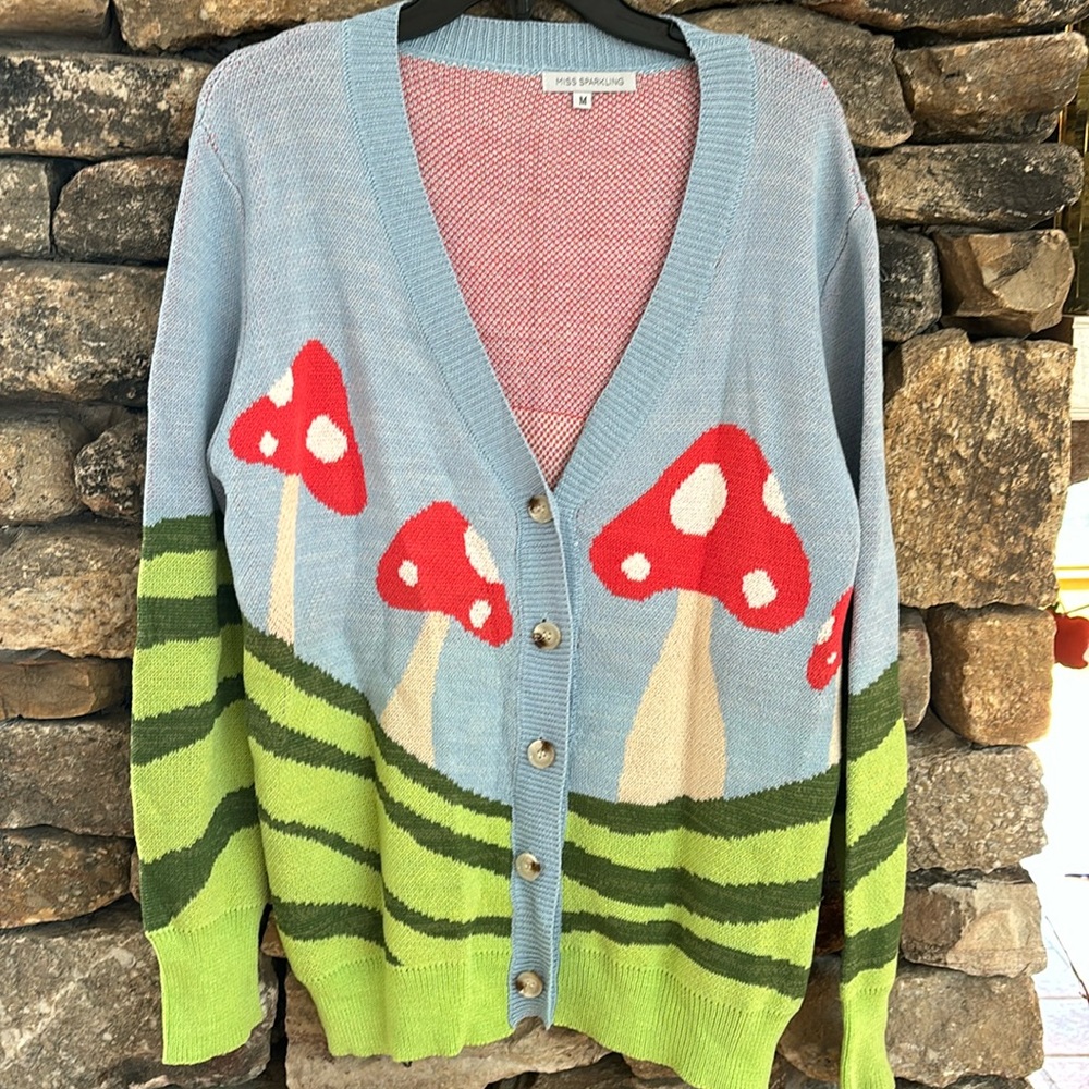 NWOT MISS SPARKLING Mushroom Field Sweater Button Front Cardigan M 🍄 hippie